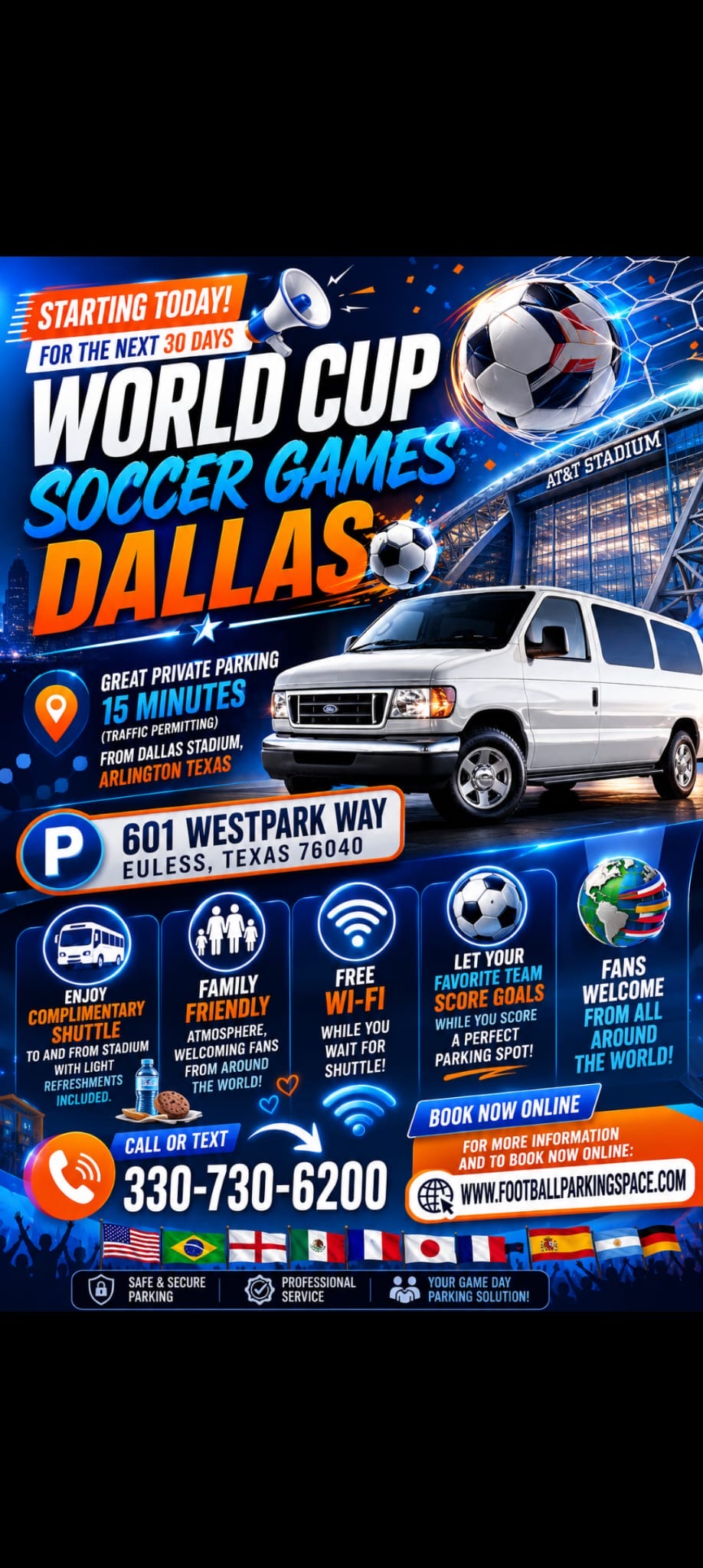 World Cup parking flyer - blue design with Ford van