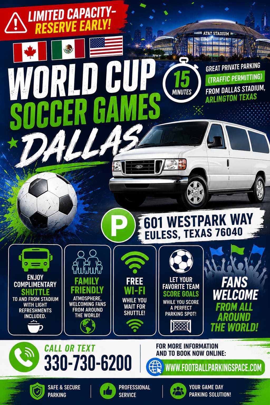 World Cup parking flyer - green accent with Ford van